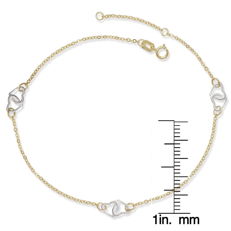 Curata 14k Two-tone Gold 10" Adjustable Interlocking Hearts Station Anklet