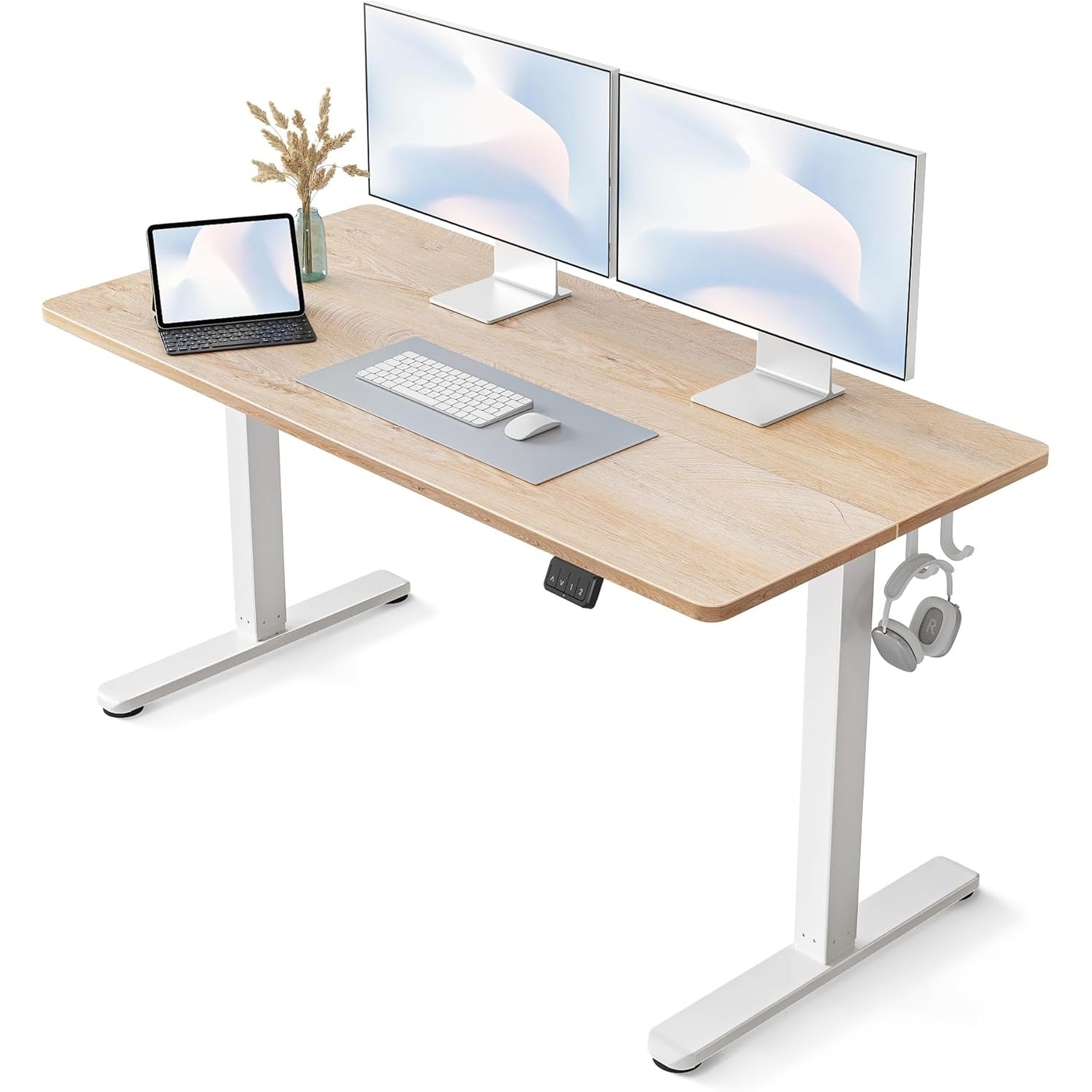 Electric Height Adjustable Standing Desk, 55 x 24 Inches, Sit Stand Home Office Desk, Maple
