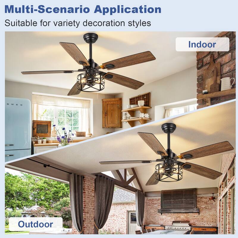 42-52Inch Caged Ceiling Fans with Lights: Dual Finish 5 Blades - Rustic with Remote Control (E26 Bulb Included)