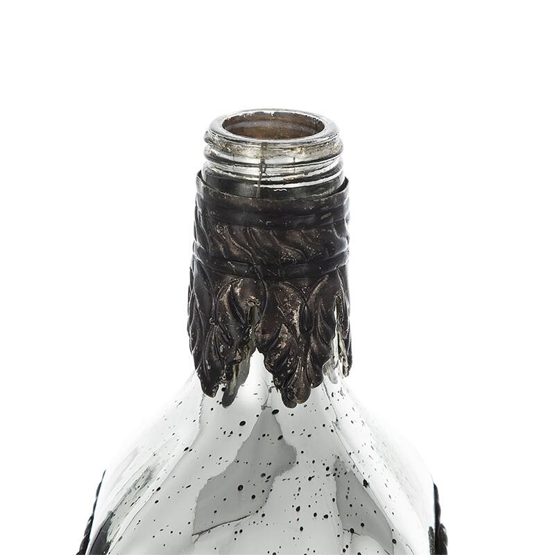 D3x12" Antique Silver Decorative Glass Bottle Vase with Bronze Leaf Accents
