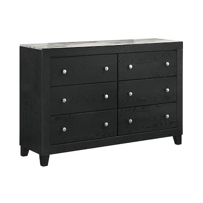Yoh 57 Inch Wide Dresser with Mirror, 6 Drawers, Round Handles, Black Wood
