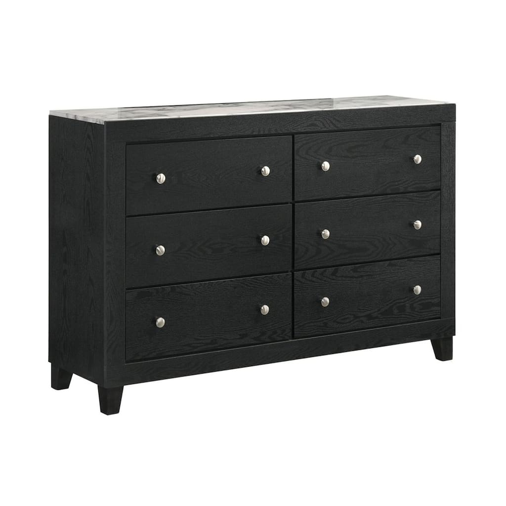 Yoh 57 Inch Wide Dresser with Mirror, 6 Drawers, Round Handles, Black Wood