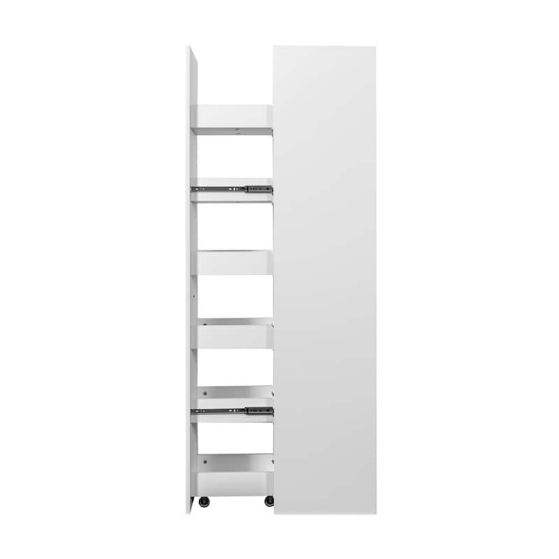 White Wooden Kitchen Rolling Storage Cabinet Pantry Shelf with Handle and Wheels