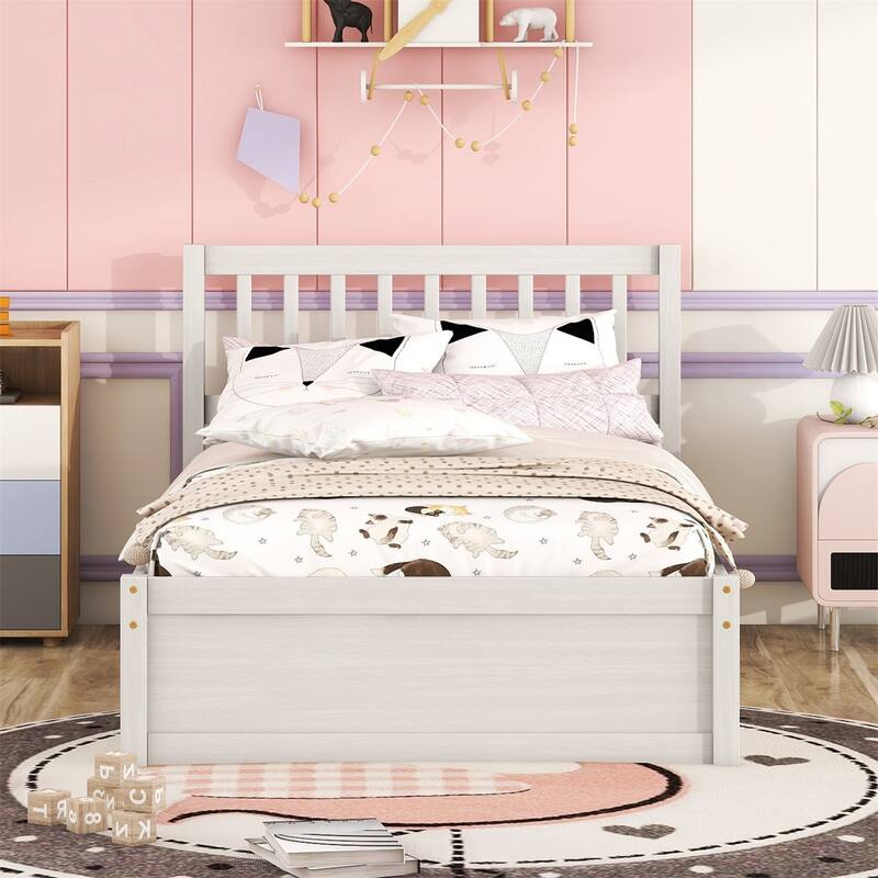 Modern Wooden Twin Size Platform Bed Frame with Trundle Bed, Slats