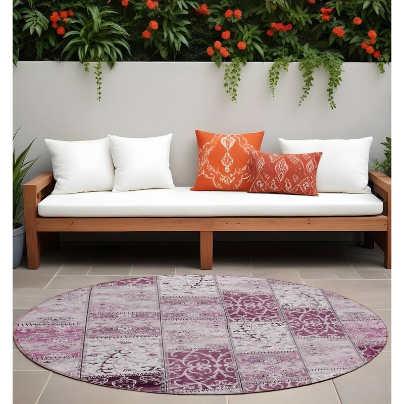 Alvave Patchwork Weather Resistant Blended Style Outdoor Rug - 8' Round - Pink