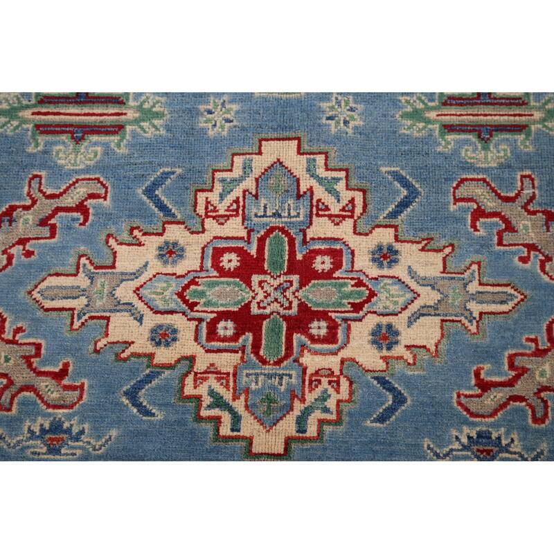 Blue Geometric Kazak Oriental Accent Rug Handmade Wool Carpet - 4'0" x 5'10"