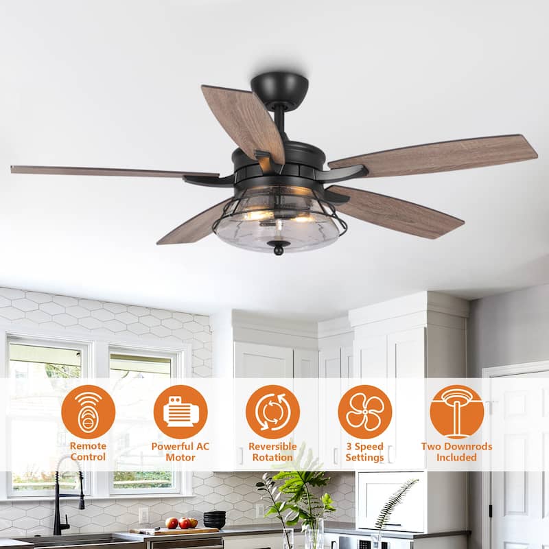 52" Industrial Seeded Glass Black Decorative Ceiling Fan with Remote and Light Kit