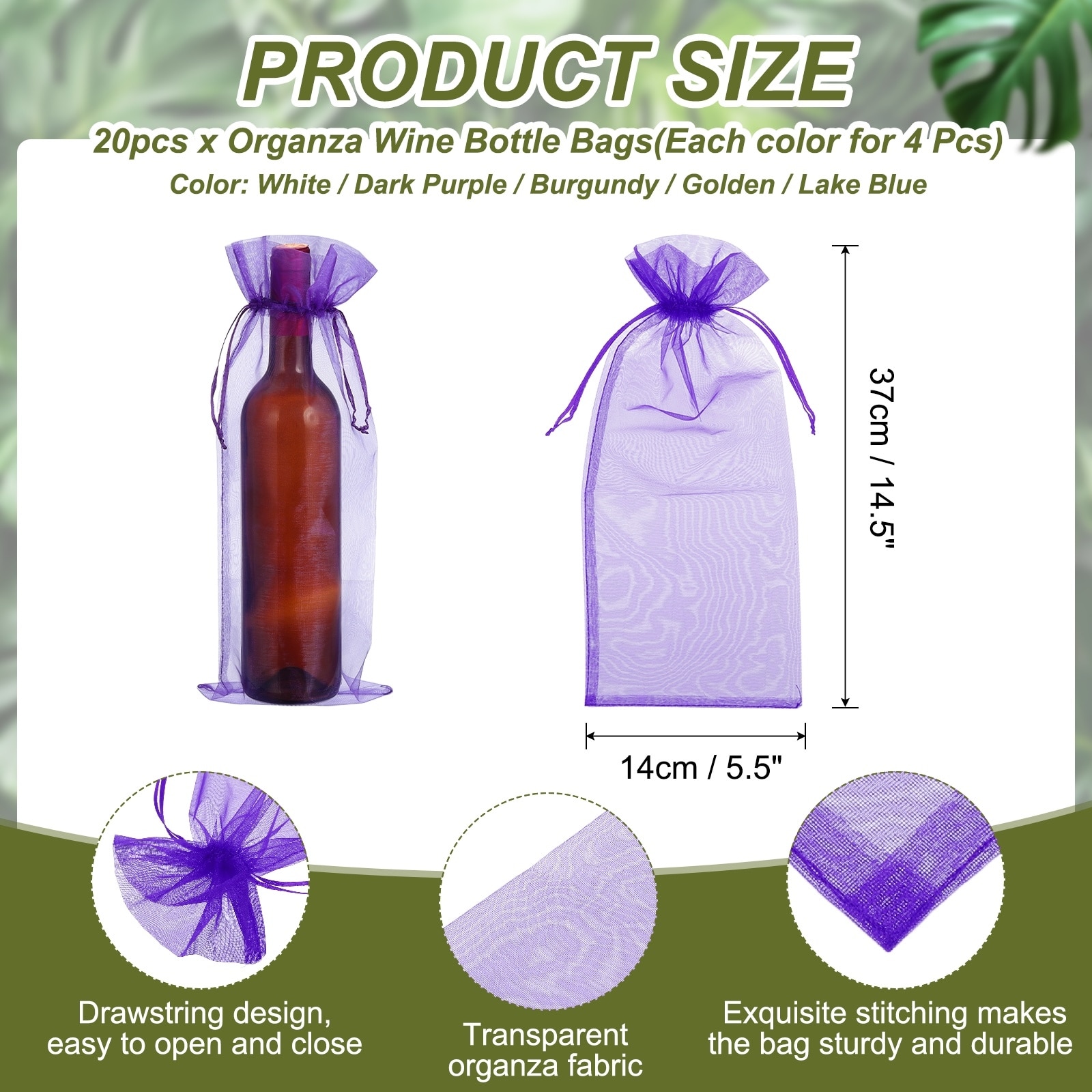 Organza Wine Bags, Drawstring Organza Bottle Gift Bags Sheer Wine Wrapping Bag for Bottle Wrap Birthday - 14.5 x 5.5