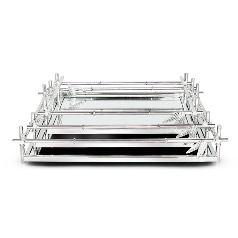 Silver Bamboo Style Rectangle Metal Mirror Decorative Tray Serving Platter