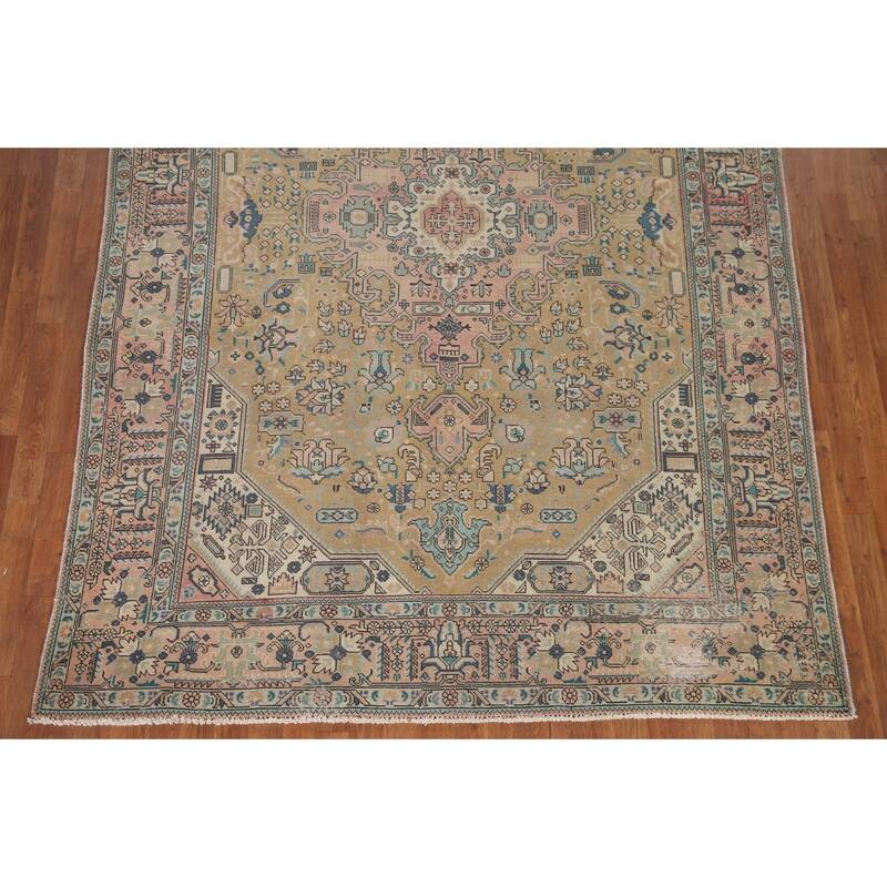 Hand Knotted Oriental 100% Wool Carpet Traditional Medallion Yellow & Gold Tabriz Area Rug - 9' 8'' X 6' 10''