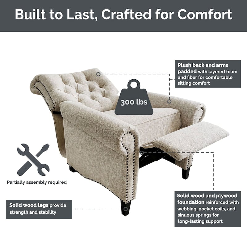 Madison Park Aidan Upholstered Manual Push Back Recliner Chair with Nailheads
