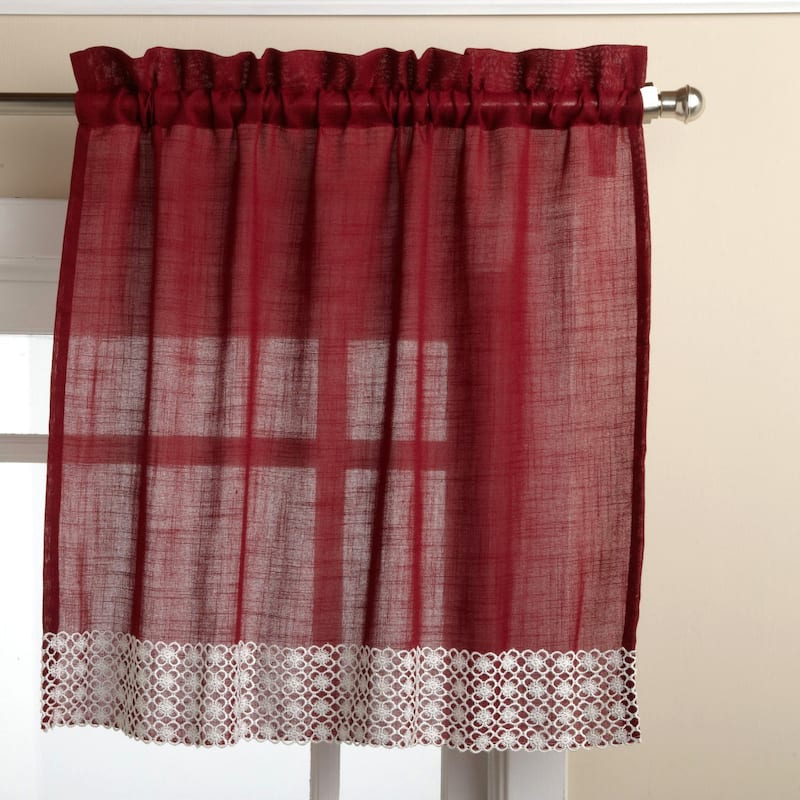 Burgundy Country Style Curtain Parts with White Daisy Lace Accent- Tier, Swag and Valances - 24" Tier Pair