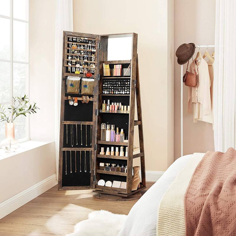 Rustic Brown 360° Swivel Lockable Jewelry Cabinet with Full-Length Mirror - 21.5''D x 21.5"W x 63.8''H