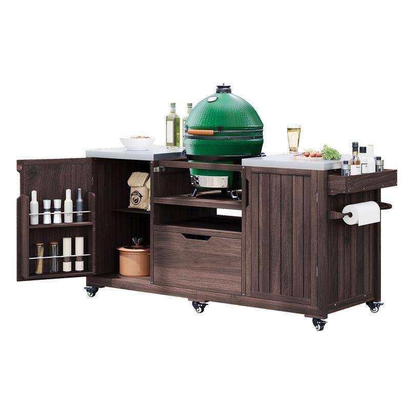Outdoor Kitchen Island for Big Green Egg Grills, Solid Wood Outdoor Grill Cart w/Stainless Steel Top &Drawer, Patio Kitchen Cart
