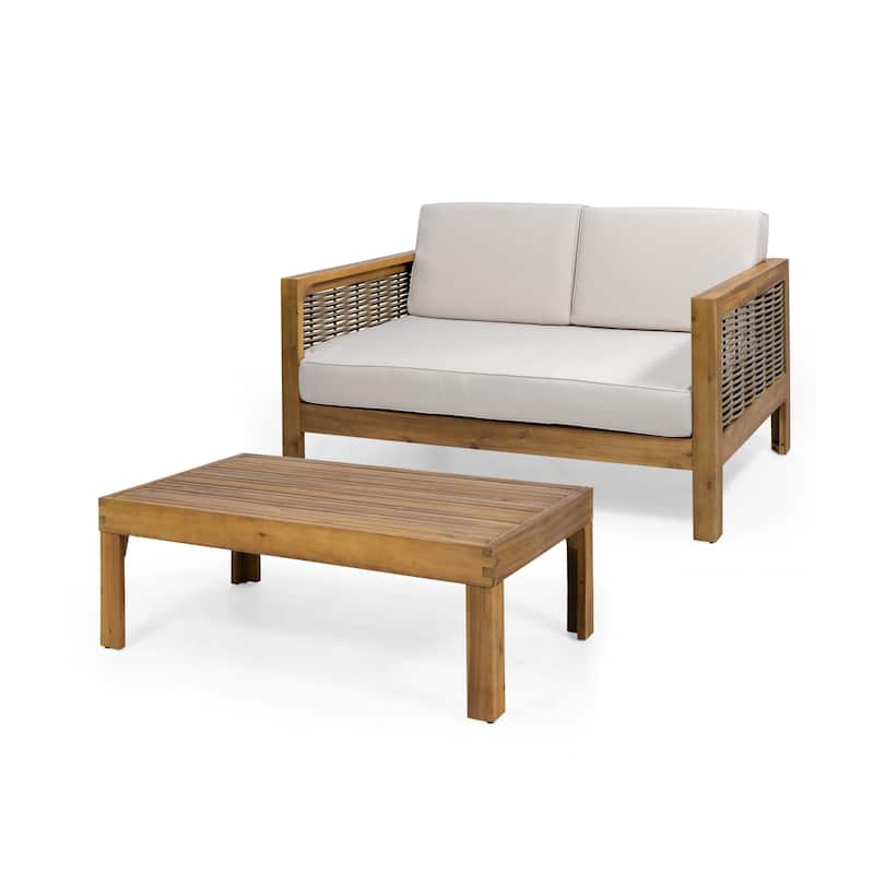 Roomfitters Acacia Wood and Wicker Loveseat Patio Set with Cushions and Coffee Table, Teak Beige
