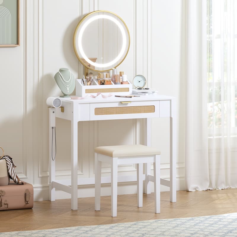 COSTARS Rattan Makeup Vanity Desk with Mirror and Lights, White Vanity Table with Drawers,Dressing Table with 3 Lighting Modes