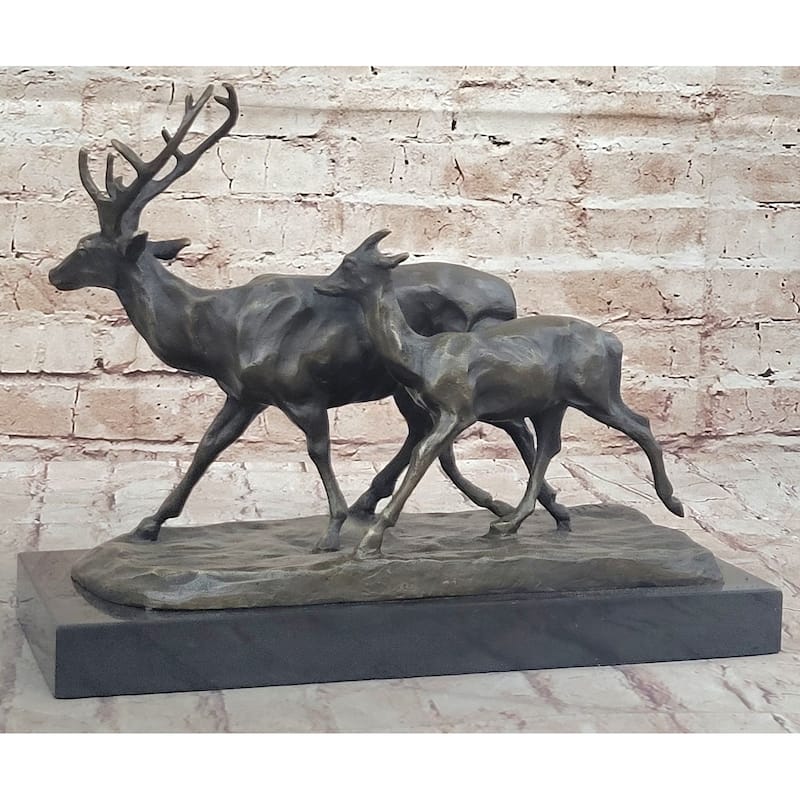 Deer Buck Elk And Doe Fawn Caribou Reindeer Bronze Statue Sculpture Marble Base 11 Inches X 13 Inches