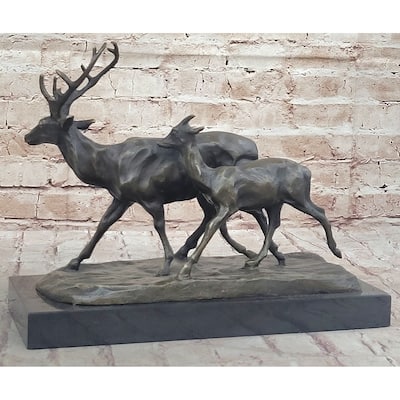 Deer Buck Elk And Doe Fawn Caribou Reindeer Bronze Statue Sculpture Marble Base 11 Inches X 13 Inches