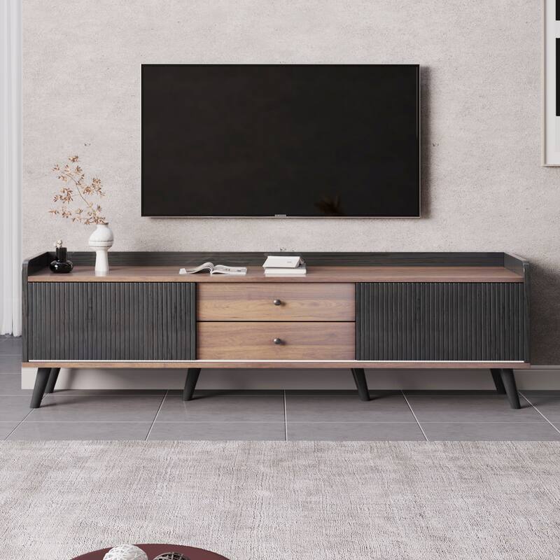 63'' Mid Century TV Stand with 2 Cabinets& Open Compartments, Entertainment Center