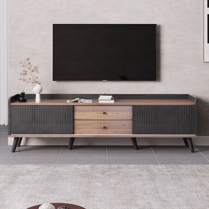 Modern Farmhouse TV Stand with 4 Storage Shelf and 2 Drawers for Living Room Bedroom and Home Theater