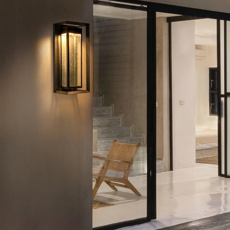 18" Outdoor LED Wall Sconce with Seeded Glass - Black