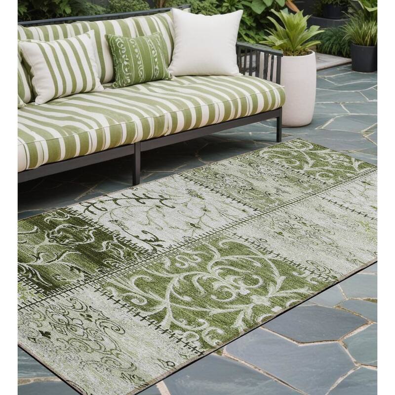 Nara Patchwork Weather Resistant Classic Meets Modern Outdoor Rug - 8' Runner - Green