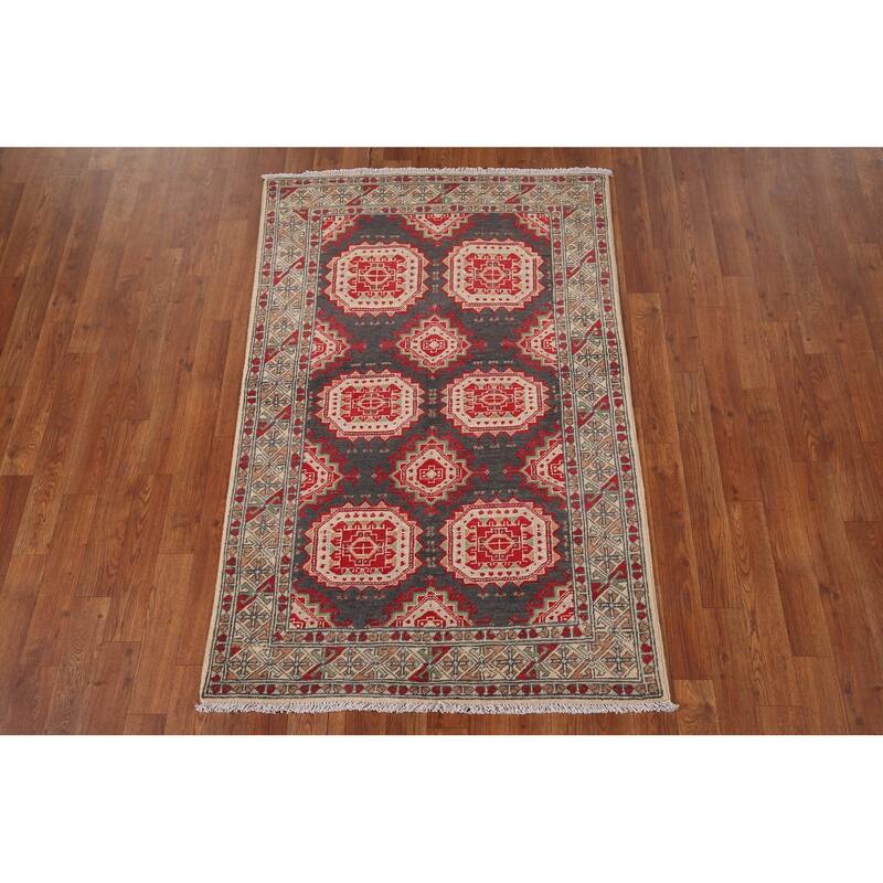 Charcoal Gray Kazak Oriental Accent Rug Handmade Wool Carpet - 3'2" x 4'11"
