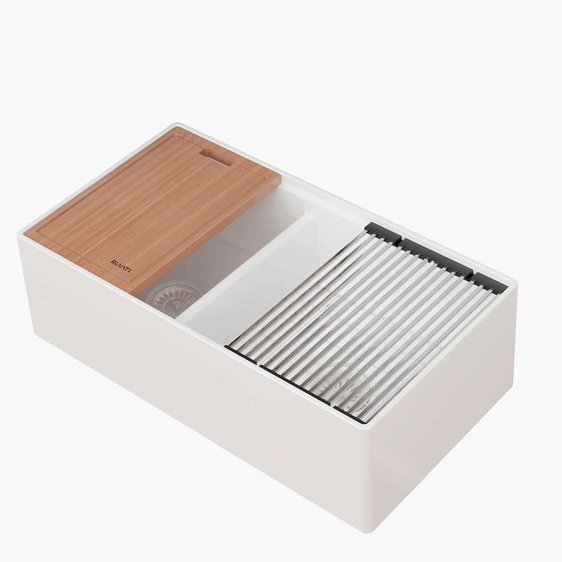 Ruvati 33 inch Fireclay Workstation White Farmhouse Kitchen Sink Apron Front Double Bowl - RVL2382WH - 30 x 18