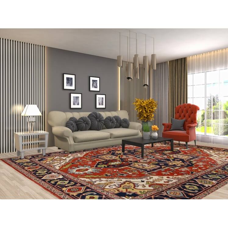 Geometric Orange Heriz Serapi Oriental Rug Hand-Knotted Wool Carpet - 9'0" x 11'10"