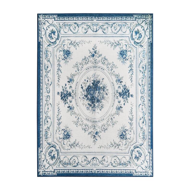 My Magic Carpet Aubusson Blue Machine Washable Rug
