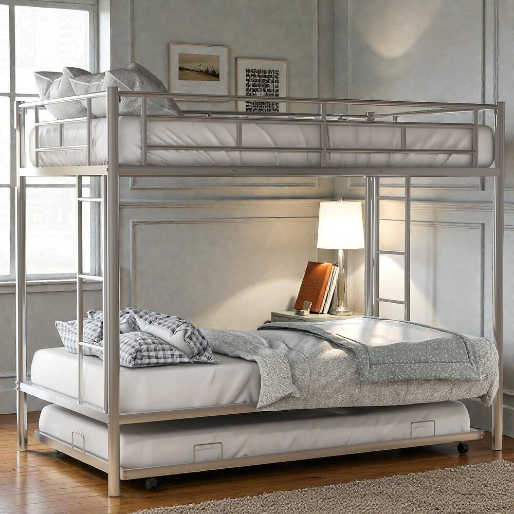 Twin over Twin Metal Bunk Bed with Trundle, Space Saving Bunk Bed with Ladder and Guardrails