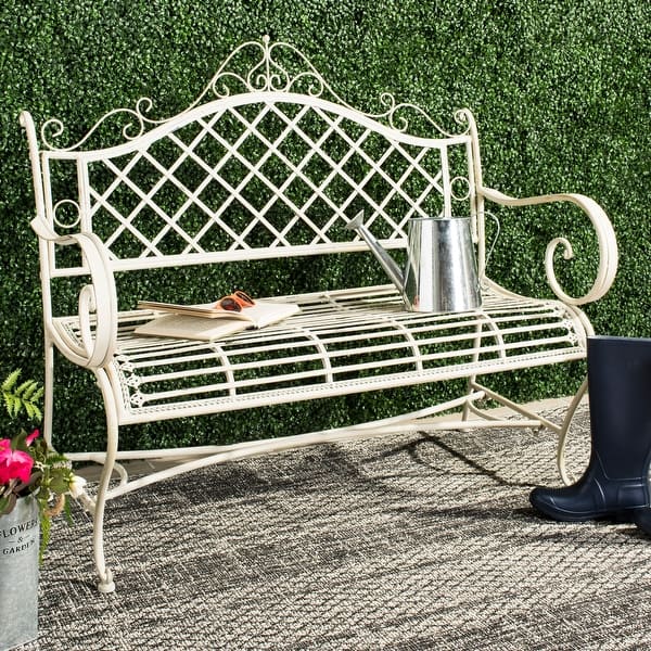 slide 2 of 31, SAFAVIEH Outdoor Living Abner Wrought Iron 46-inch Garden Bench. - 45.8" W x 20" L x 40" H Antique