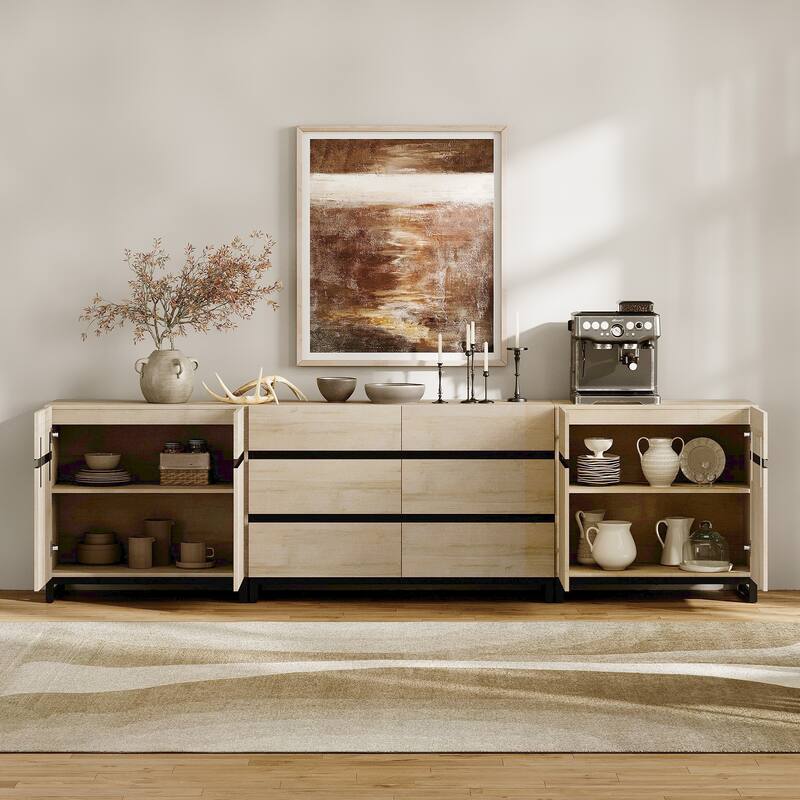 WAMPAT 3 in 1 Multifunctional Dresser with Glass Doors and 6 Drawers, Modern Chest of Drawers for Bedroom