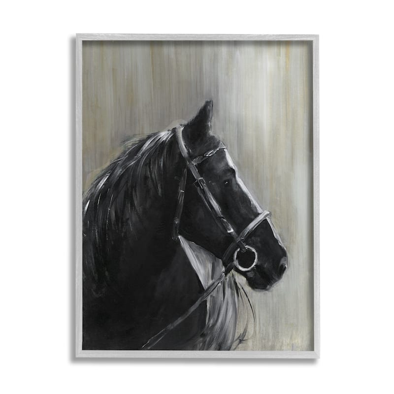 Stupell Black Horse in Bridle Solemn Equestrian Portrait Framed Wall Art - 24 x 30 - Grey