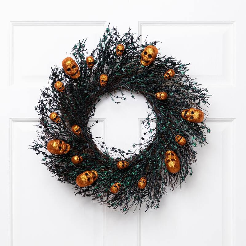 Black & Orange Skulls & Spiders Halloween Twig Wreath, 22-Inch