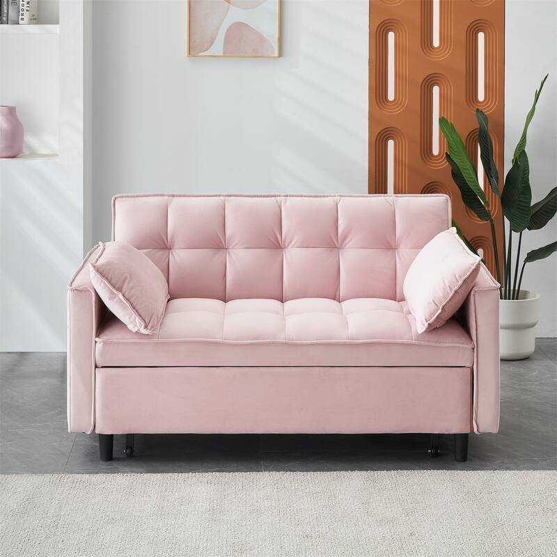 Velvet Loveseat with Reclining Backrest, Toss Pillows and Pockets - Pink