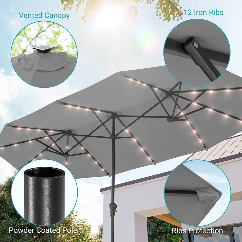 BONOSUKI 13 x 7.2ft Solar-Powered LED Double-Sided Patio Umbrella with Large Canopy Outdoor Table Umbrella for Garden, Navy Blue
