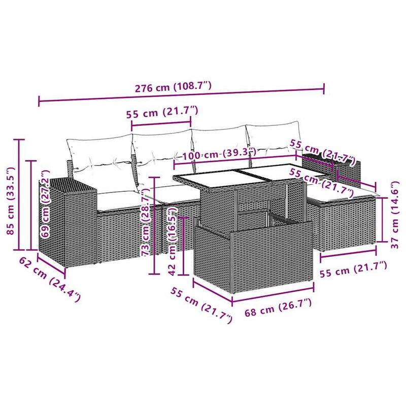 vidaXL Patio Sofa Set with Cushions Table and Couches 6 Piece Poly Rattan - 21.7 x 24.4 x 27.2