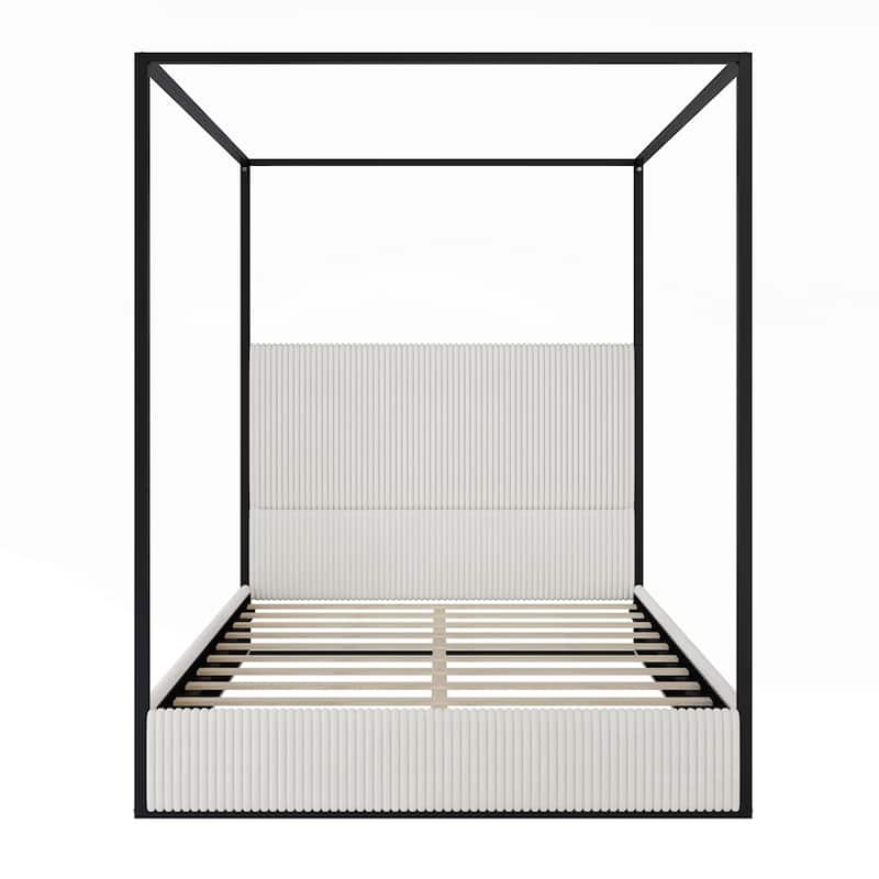 Modern Luxury Metal Canopy Bed with Tall Upholstered Headboard