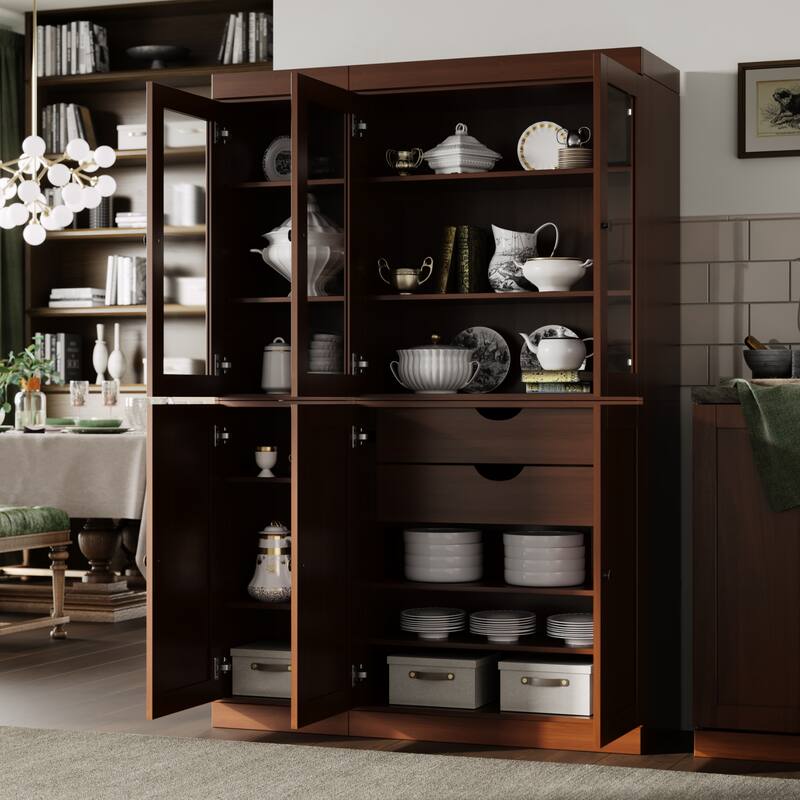 Palace Imports 100% Solid Wood 48.5" Pantry Cabinet with Clear Glass, Shaker Doors, 2-Drawers and Adjustable Shelves - Mocha