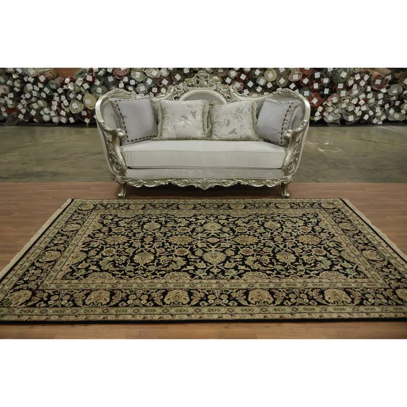 Hand Knotted Oriental 100% Wool Carpet Traditional All-Over Black Agra Area Rug - 8' 9'' X 5' 9''