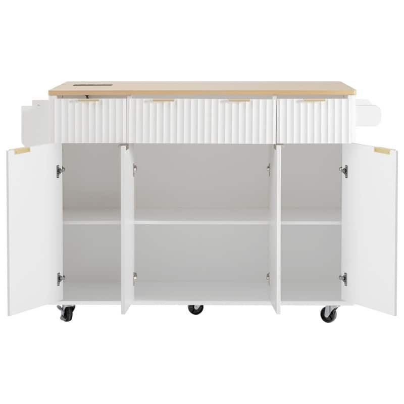 Fluted 55.5" Kitchen Island with Drop Leaf, Rolling Island Table with Drawers, Power Outlet for Functional Kitchen Organization