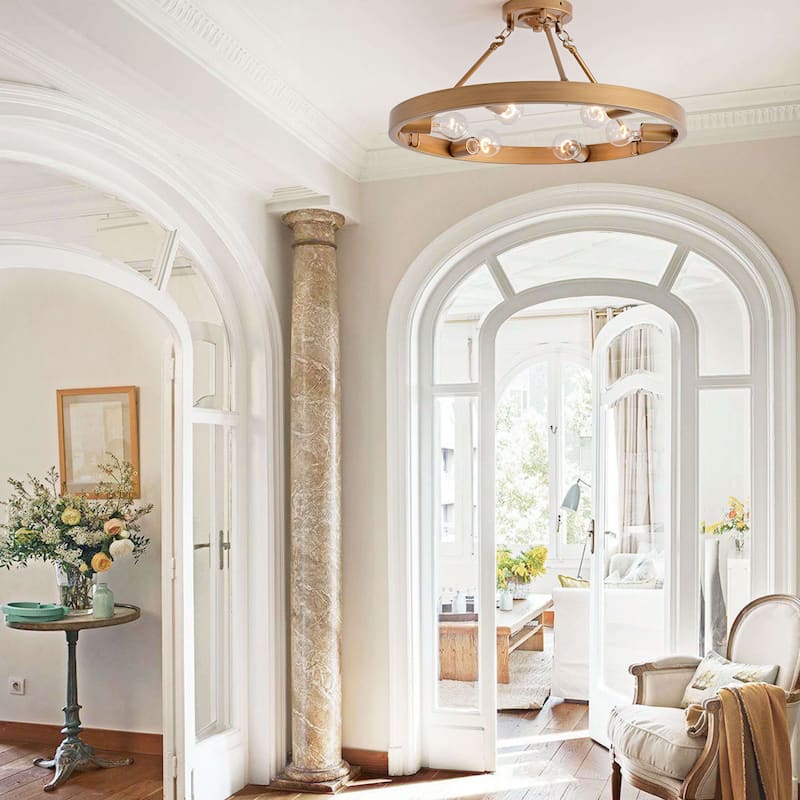 Abigail Wagon Wheel 6-Light Metal Round Rustic Semi-Flush Mount - Brushed Brass