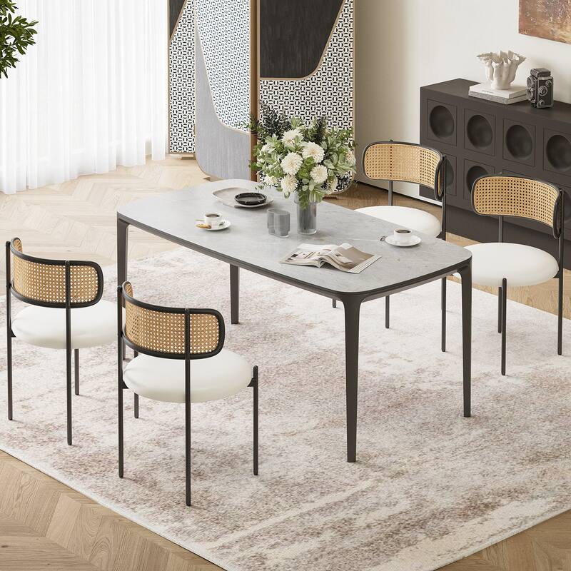 Dining Chairs Set of 4, PU Leather Upholstered Seat with Woven Rattan Back, Sturdy Metal Legs Modern Side Chairs