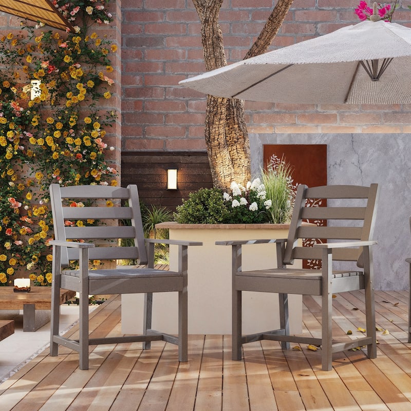 Set of 2 Outdoor Dining Chairs with Armrests, HDPE All Weather Patio Chairs, Waterproof UV Resistant Wood Grain Armchai
