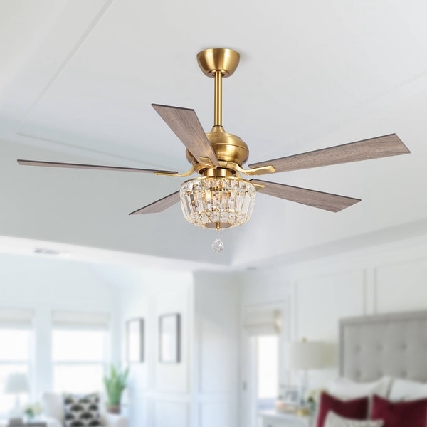 52inch Ceiling Fan with Light 2 layer Crystal Chandelier w/Remote 5 Wood Blades 