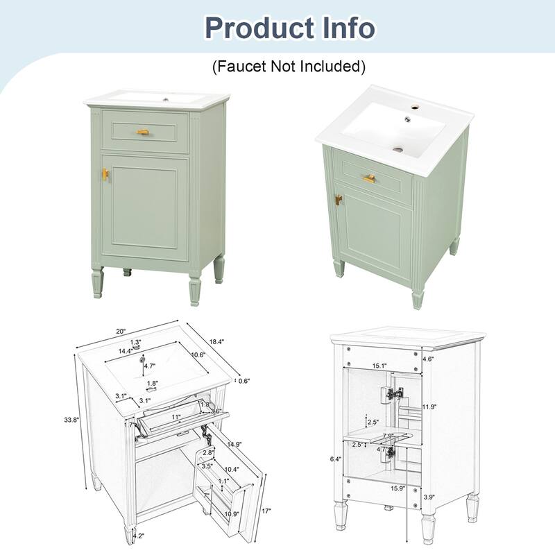 20" Bathroom Freestanding Vanity with Ceramic Sink,Solid Wood Legs,Adjustable Shelf,Tilt-Out Drawer