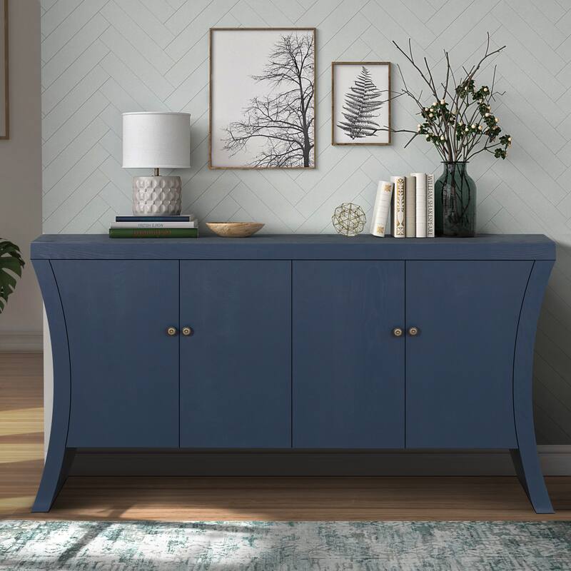 GDFStudio - Industrial 4-Door Credenza with Wooden Arc Legs & Bronze Clasps, Solid Wood Storage Cabinet
