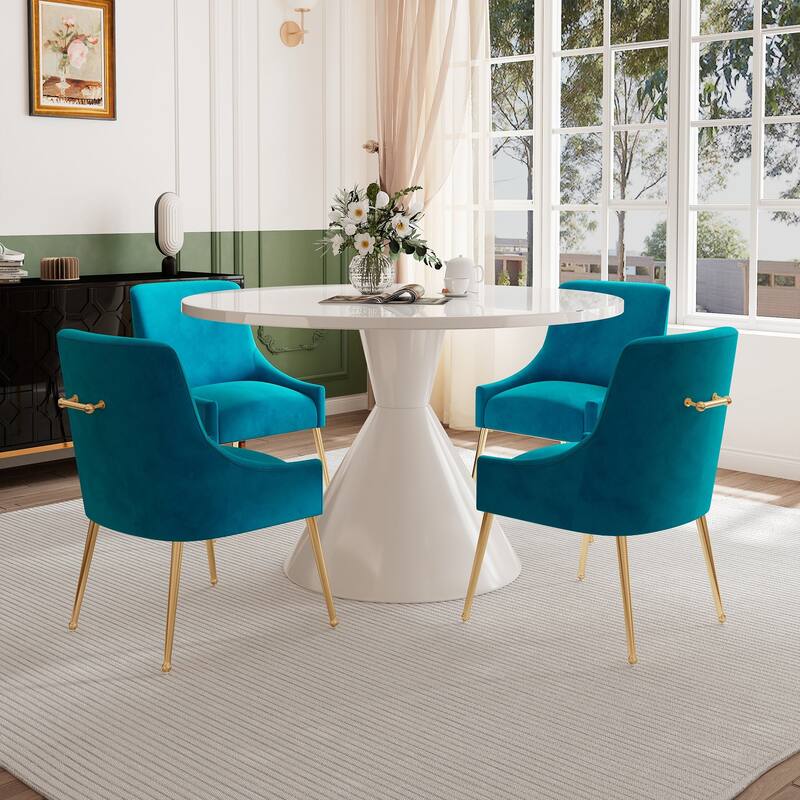 48" Light Luxury White High Gloss Large Countertop Dining Table with Velvet Dining Chair Set