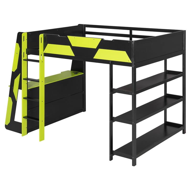 Full Size Gaming Loft Bed Station with Desk, Storage Shelves & RGB LED Lights